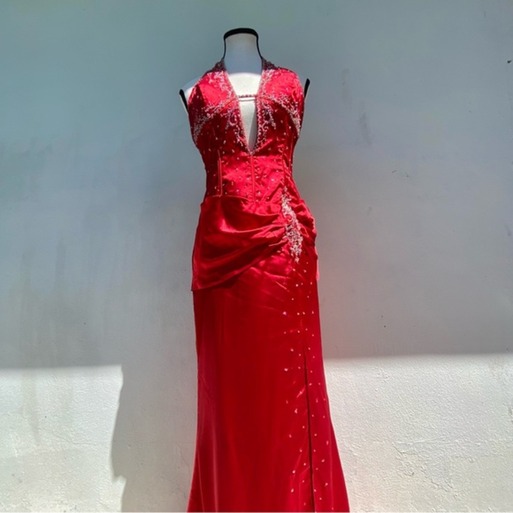 Y2K Mori Lee Red Satin Beaded Formal Dress Size 7/8 Small